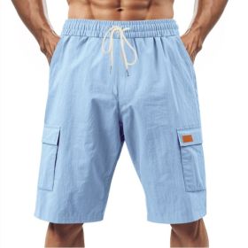 Loose Sports And Leisure Solid Color Linen Drawstring Shorts (Option: M-Light Blue with Label)