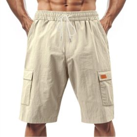 Loose Sports And Leisure Solid Color Linen Drawstring Shorts (Option: S-Khaki with Label)