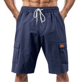 Loose Sports And Leisure Solid Color Linen Drawstring Shorts (Option: S-Dark Blue with Label)