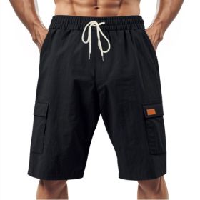Loose Sports And Leisure Solid Color Linen Drawstring Shorts (Option: L-Black with Label)
