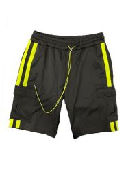 Two Stripe Cargo Pouch Shorts (Color: black lime, size: L)