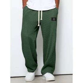 Waffle Straight Pants Fashion Brand Loose Loose  Drawstring Pockets Trousers Casual Men's Clothing (Option: Dark Green-M)