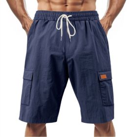 Loose Sports And Leisure Solid Color Linen Drawstring Shorts (Option: XXL-Dark Blue with Label)