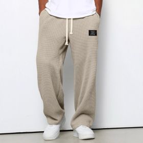 Waffle Straight Pants Fashion Brand Loose Loose  Drawstring Pockets Trousers Casual Men's Clothing (Option: Khaki-L)