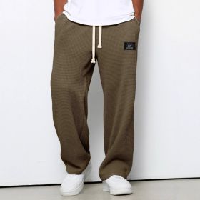 Waffle Straight Pants Fashion Brand Loose Loose  Drawstring Pockets Trousers Casual Men's Clothing (Option: Dark Brown-L)